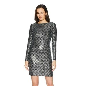 Michael Kors Black Silver Scallop Glitter Lame Cowl Back Chain Mini Dress